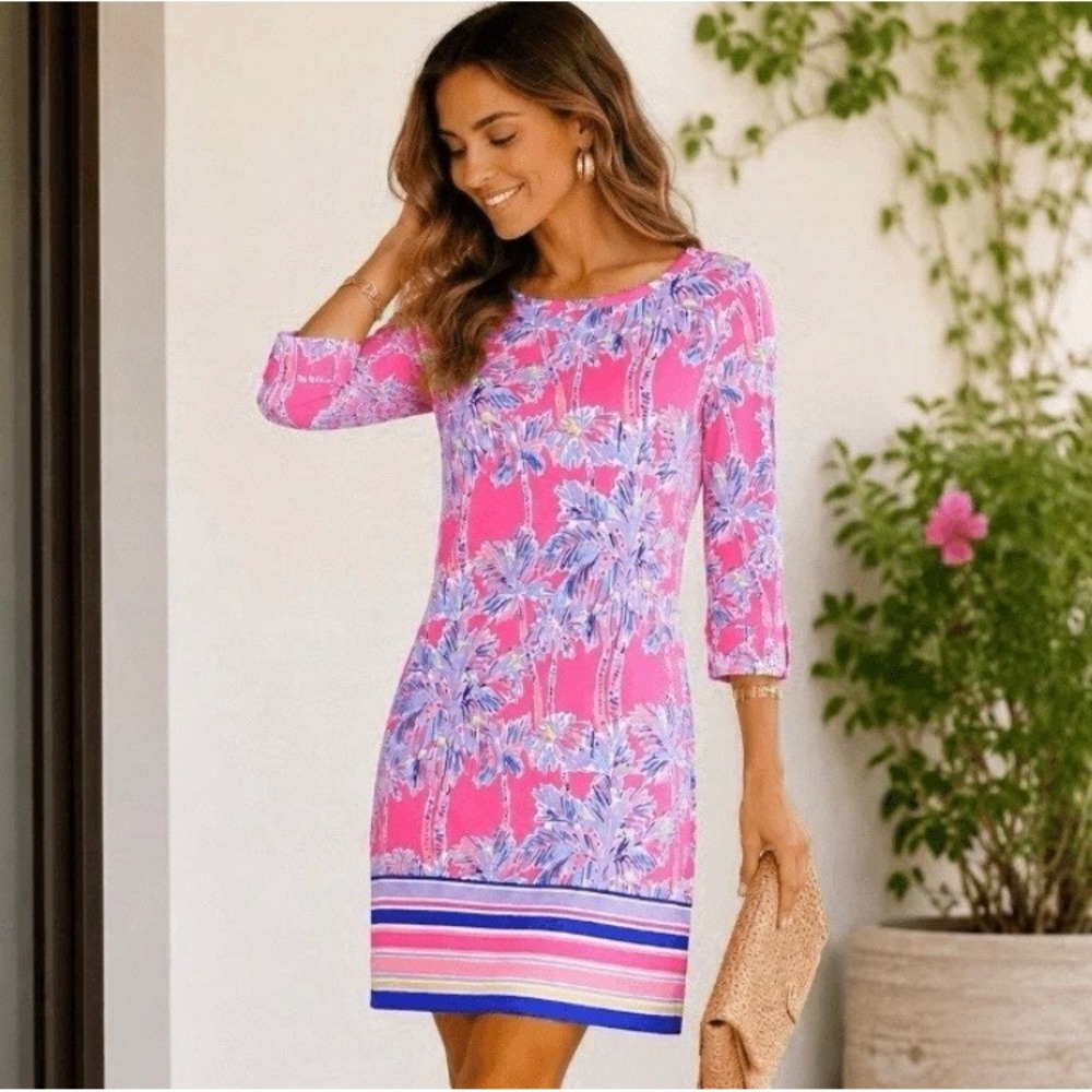 Lilly Pulitzer M Lilly Pulitzer Linden Dress Nice Stems Palm Trees 3/4 sleeves